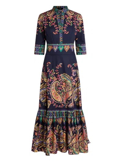 Etro Long Cotton Dress With Placed Floral Paisley Print In Black
