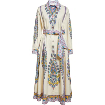 ETRO ETRO PAISLEY PRINT LONG SLEEVE BELTED STRETCH COTTON SHIRTDRESS