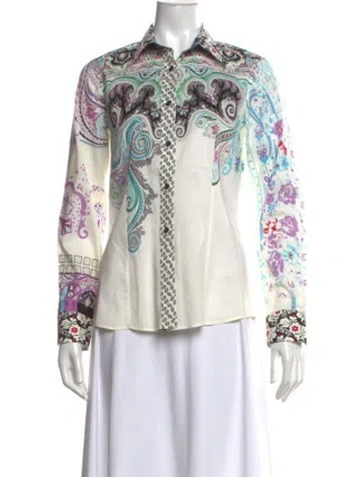 Pre-owned Etro Paisley Print Long Sleeve Blouse In White