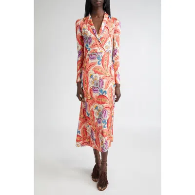 Etro Paisley Print Long Sleeve Jersey Midi Dress In Brown