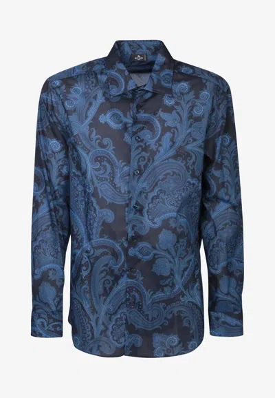 Etro Paisley Print Long-sleeved Shirt In Blue