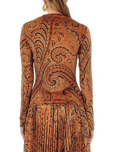 Etro Paisley-print Long-sleeved Velvet Top In Brown