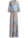 Etro Multicolor Long Dress With All-over Paisley Print And V-neck In Silk Woman In Blue