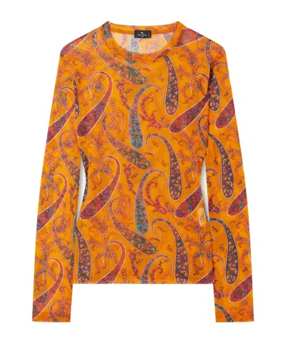 Etro Paisley-print Mesh Top In Orange
