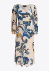 Etro Floral Pattern V-neckline Midi Length Dress In Beige