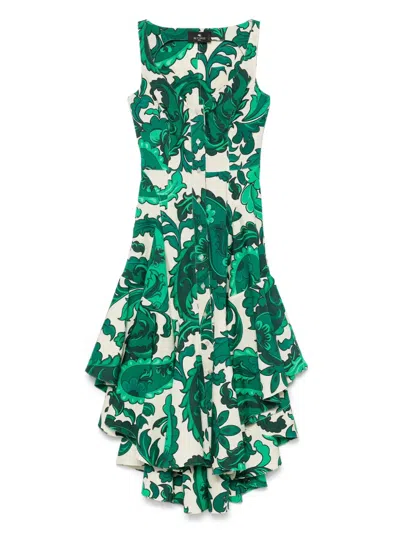 Etro Paisley Print Asymmetric Midi Dress In Print On White Base