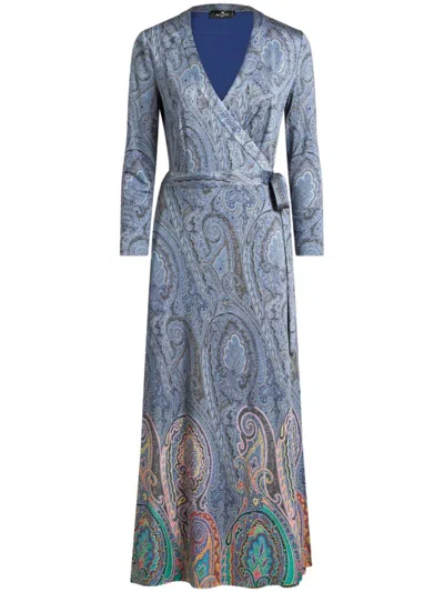 Etro Paisley Print Midi Dress With Wrap Design In Blue