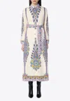 Etro Cotton Poplin Maxi Dress With Paisley Medallion And Contrasting Belt In Blue