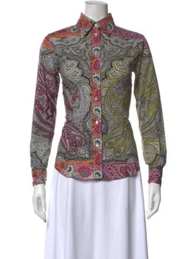 Pre-owned Etro Paisley Print Mock Neck Button-up Top In Purple
