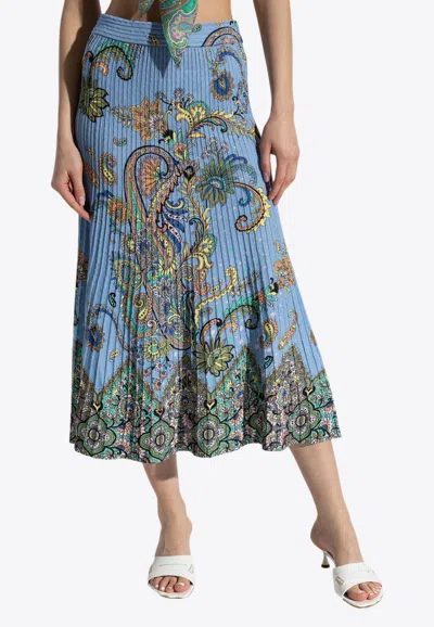 Etro Paisley Print Plisse Midi Skirt In Blue