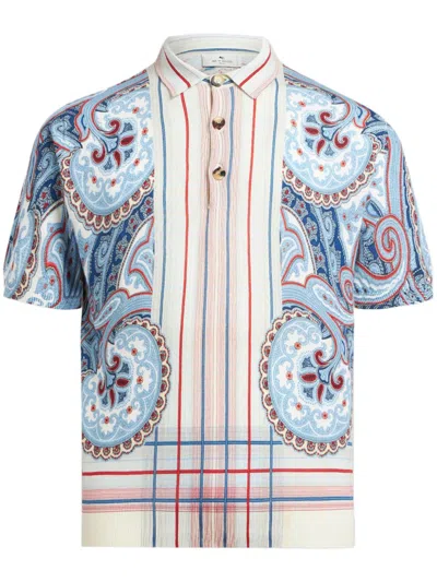 Etro , Cotton Paisley Polo Shirt With Stripes, Man, White, Size M In Multicolour