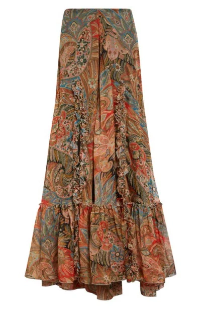 Etro Paisley Print Ruffle Silk Chiffon Maxi Skirt In Multi
