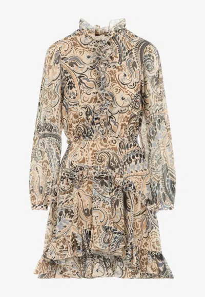 Etro Paisley Print Ruffled Mini Dress In Brown