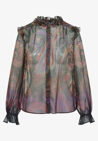 Etro Paisley Print Ruffled Sheer Blouse In Multicolor