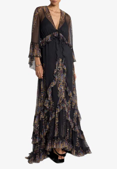 ETRO PAISLEY PRINT RUFFLED SILK GOWN