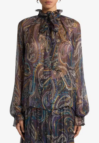 Etro Paisley Print Semi-sheer Silk Blouse In Black