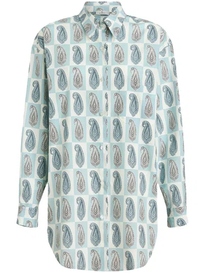 Etro Paisley Checkerboard-print Silk Shirt In Green