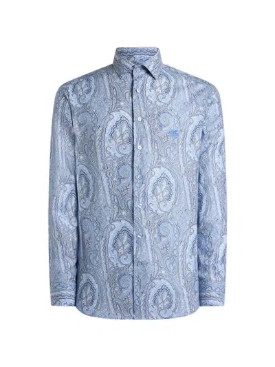 Etro Paisley-print Cotton Satin Shirt In Blue