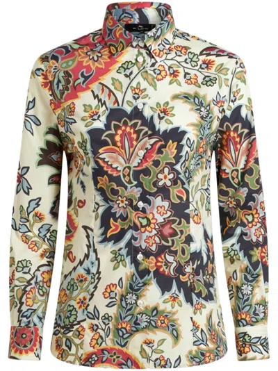Etro Shirt With Paisley Print In Ivory,multicolor