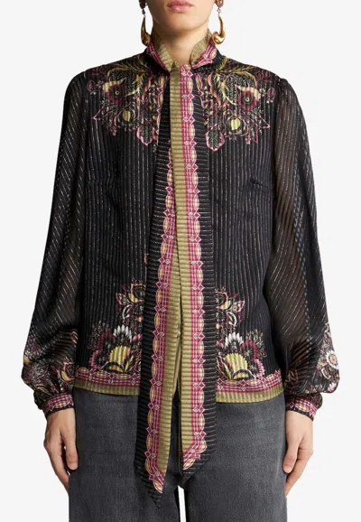 Etro Pussy Bow Neck Twill-print Silk Blouse In Black