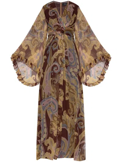 Etro Burgundy Printed Silk Long Dress In Multi