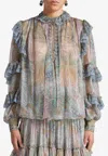 Etro Paisley Print Silk Ruffled Blouse In Blue