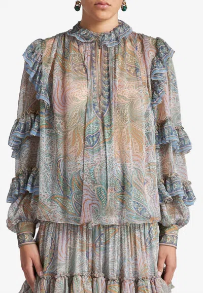Etro Paisley Print Silk Ruffled Blouse In Multi