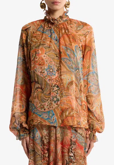 Etro Paisley Print Silk Ruffled Blouse In Multi