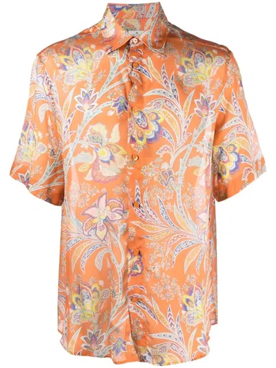 Etro Flower Print Silk Shirt In Orange