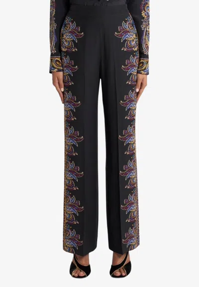 Etro Paisley Print Silk Straight-leg Pants In Black