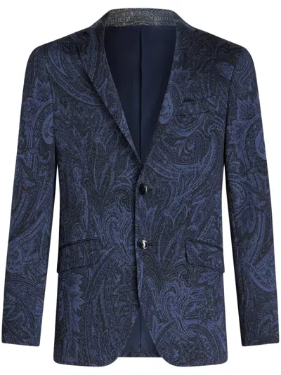 Etro Men Single-breasted Jacquard Cotton Jacket With Floral Pattern In Blue