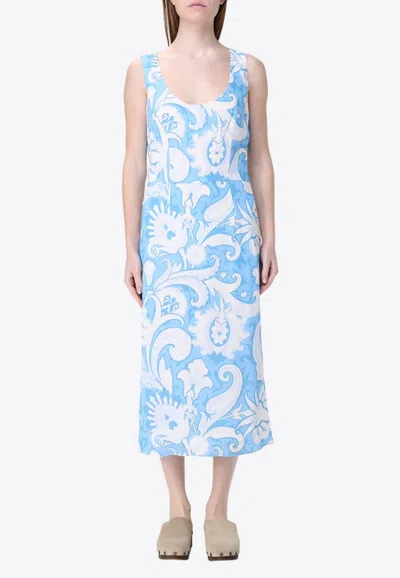 Etro Summer Paisley Silk Twill Midi Dress In Print On Blue Base 4