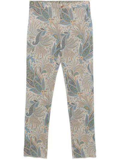 Etro Paisley-print Tapered Trousers In Blau