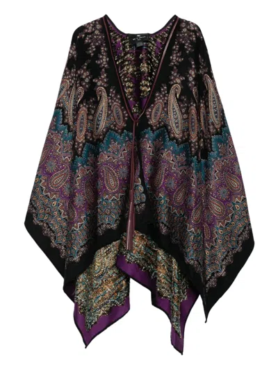 Etro Paisley-print Tasselled Poncho In Black