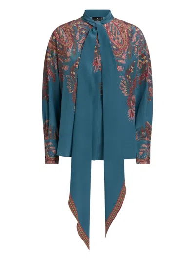 Etro Paisley-print Tie-neck Blouse In Blue