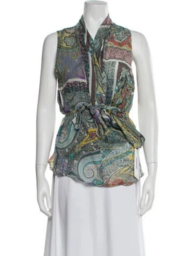Pre-owned Etro Paisley Print Tie Neck Blouse In Gray