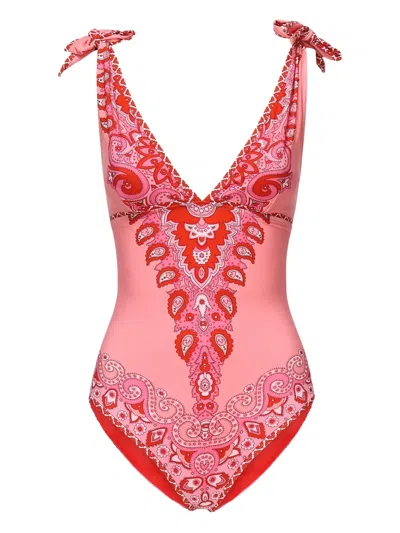Etro Tie-detailed Paisley-print Swimsuit In Pink