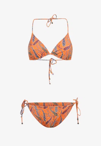 Etro Paisley Print Triangle Bikini In Brown