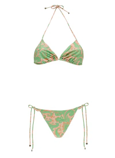 Etro Paisley Print Triangle Bikini With Self-tie Laces In Green