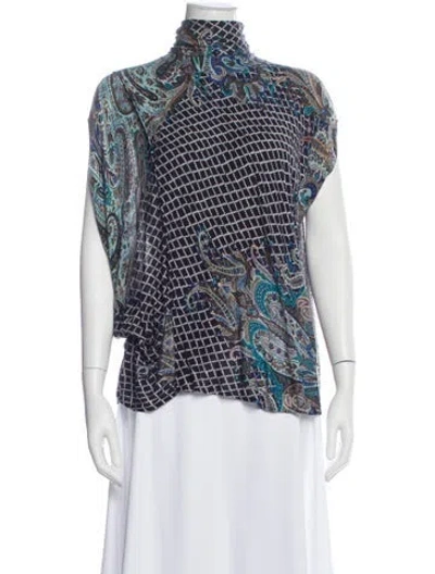 Pre-owned Etro Paisley Print Turtleneck Blouse In Blue