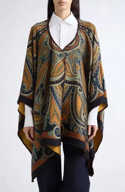 Etro Paisley Print Twill Cape In Print On Blue Base