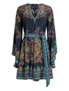 Etro Paisley Silk Belted Bell-sleeve Mini Dress In Blue