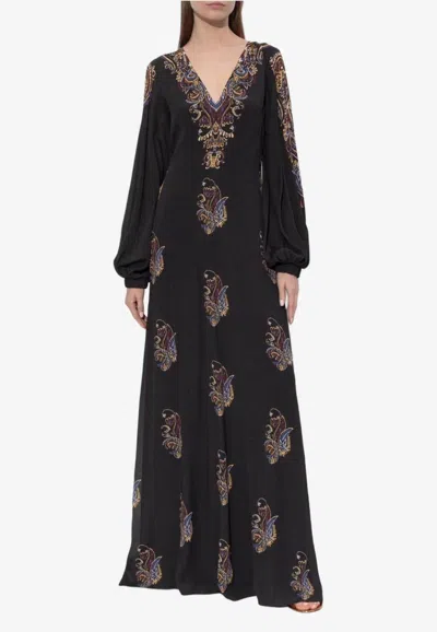 Etro Paisley Print V-neck Maxi Dress In Black