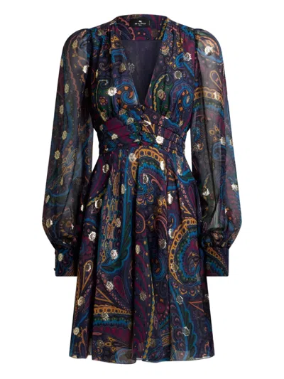 Etro Paisley-print V-neck Mini Day Dress In Blue