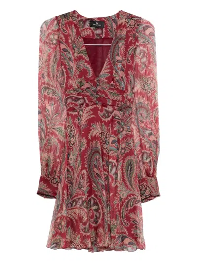 Etro Paisley-print V-neck Mini Dress In Brown
