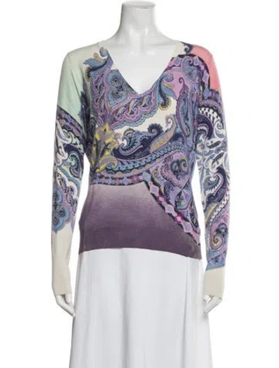 Pre-owned Etro Paisley Print V-neck Sweater In Blue