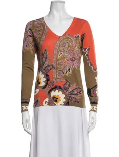 Pre-owned Etro Paisley Print V-neck Sweater In Orange