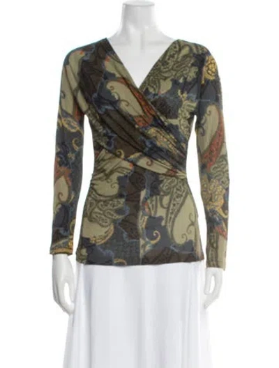 Pre-owned Etro Paisley Print V-neck Top In Green