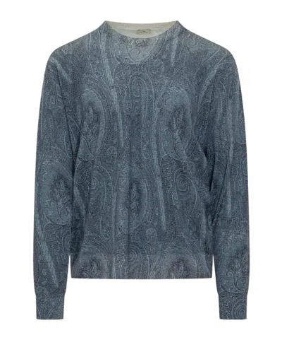 Etro Silk Blend Crew Neck Sweater With Paisley Embroidery In Blue