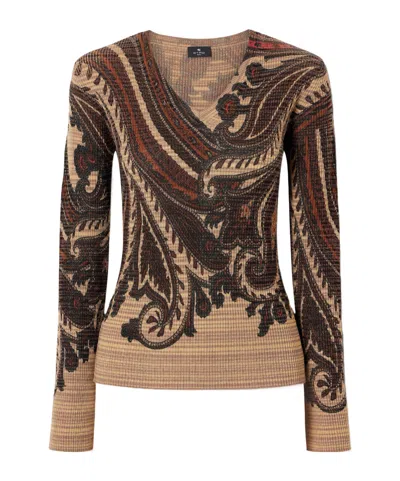 Etro Paisley Printed Knit Sweater In Brown